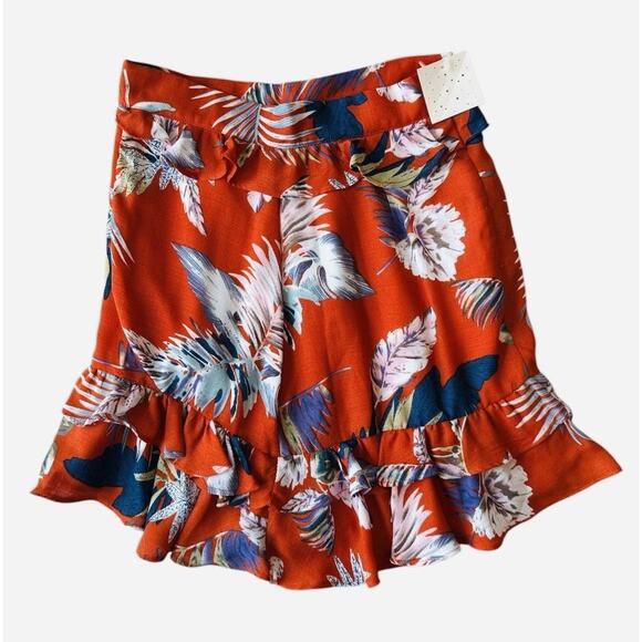 Sage The Label Small Red-Orange Fall Leaf Print Ruffle Lined Mini Skirt NEW - Picture 3 of 6